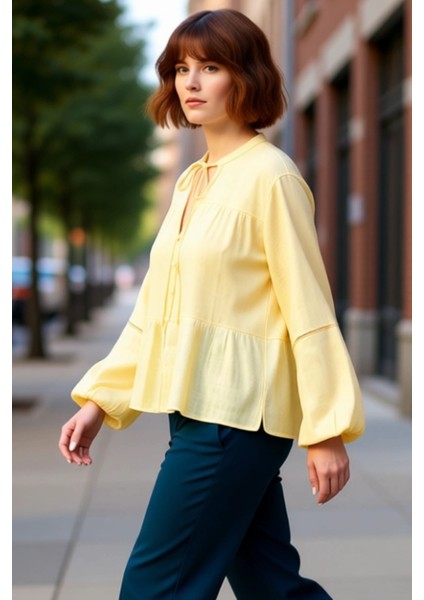 Kadın Dokulu Kumaş Bağlamalı V Yaka Uzun Kollu Bluz Rahat Kesim Günlük Kullanım Fonksiyonel indirimleri