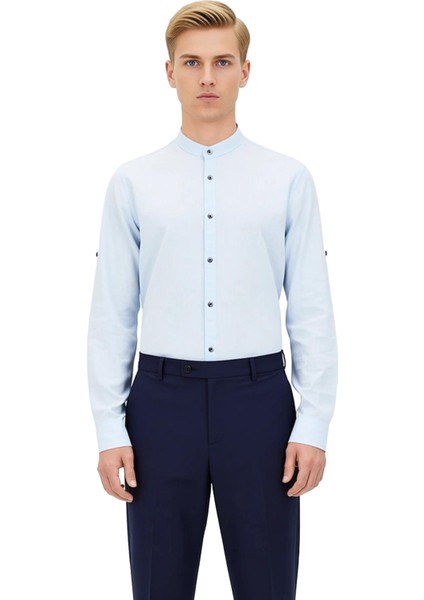 Erkek Keten Görünümlü Pamuklu Hakim Yaka Slim Fit Uzun Kollu Modern Kesim Gömlek Dayanıklı