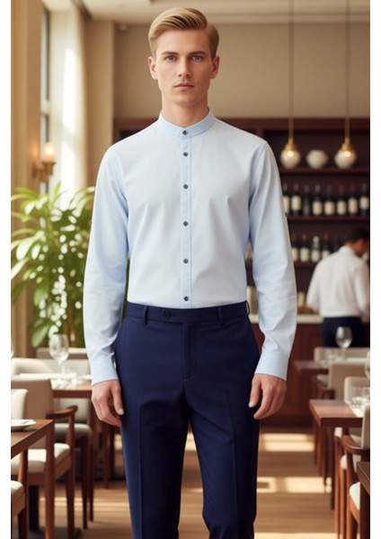 Erkek Keten Görünümlü Pamuklu Hakim Yaka Slim Fit Uzun Kollu Modern Kesim Gömlek Dayanıklı modelleri