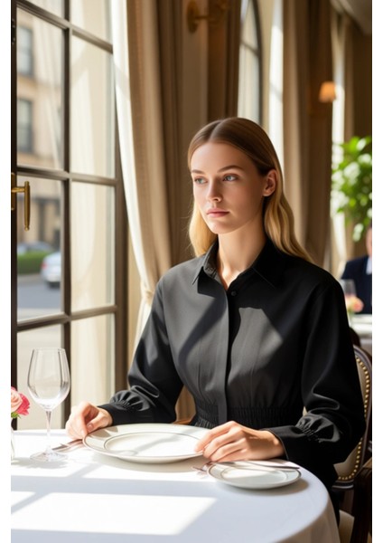 Kadın Gömlek Yaka Beli Büzgülü Uzun Kollu Dokuma Bluz Şık Görünümünüzü Tamamlayın Kaliteli fiyatları