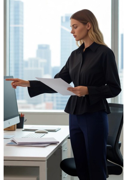 Kadın Gömlek Yaka Beli Büzgülü Uzun Kollu Dokuma Bluz Şık Görünümünüzü Tamamlayın Kaliteli modelleri