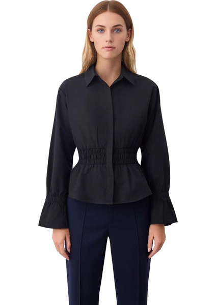 Kadın Gömlek Yaka Beli Büzgülü Uzun Kollu Dokuma Bluz Şık Görünümünüzü Tamamlayın Kaliteli fırsatları