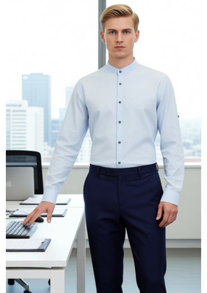 Erkek Keten Görünümlü Pamuklu Hakim Yaka Slim Fit Uzun Kollu Modern Kesim Gömlek Dayanıklı fırsatları