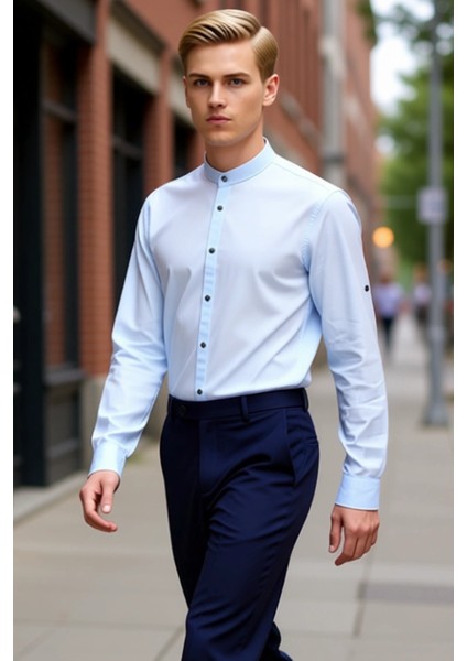 Erkek Keten Görünümlü Pamuklu Hakim Yaka Slim Fit Uzun Kollu Modern Kesim Gömlek Dayanıklı indirimleri