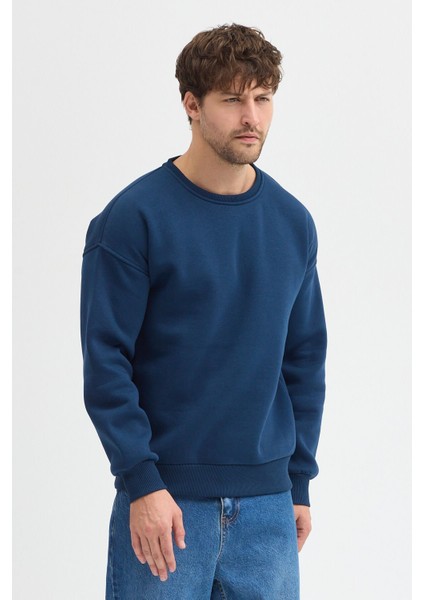 Lacivert Bisiklet Yaka Erkek Oversize Sweatshirt Pamuklu Basic 3 Iplik Şardonlu
