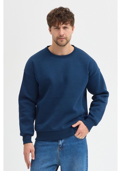 Lacivert Bisiklet Yaka Erkek Oversize Sweatshirt Pamuklu Basic 3 Iplik Şardonlu fiyatları