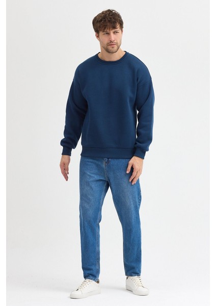 Lacivert Bisiklet Yaka Erkek Oversize Sweatshirt Pamuklu Basic 3 Iplik Şardonlu modelleri