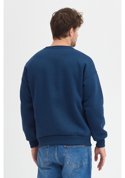 Lacivert Bisiklet Yaka Erkek Oversize Sweatshirt Pamuklu Basic 3 Iplik Şardonlu fırsatları