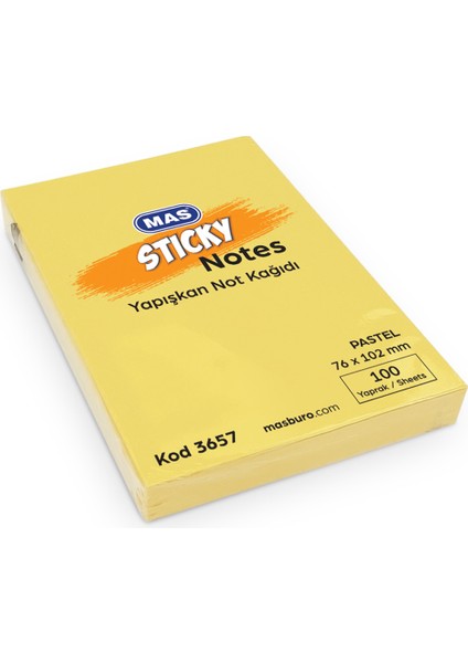 Mas Yapışkanlı Not Kağıdı 100 Sy 76X102 Pastel Sarı (12 LI)3657