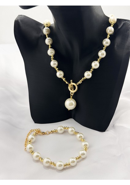 Büyük Inci Kolye,bileklik ve Küpe Seti