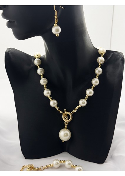 Büyük Inci Kolye,bileklik ve Küpe Seti