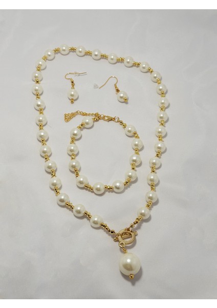 Büyük Inci Kolye,bileklik ve Küpe Seti