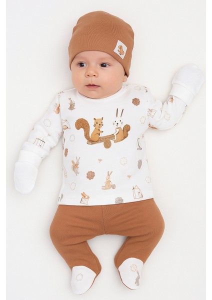 Erkek Bebek Kahverengi Sincap Desenli 5’li Zıbın Takımı – %100 Pamuk ve Rahat Tasarım 2257 0-3 Ay