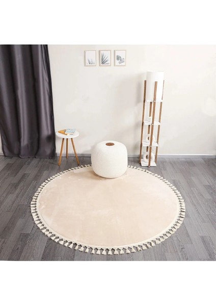Cloudy Krem Yuvarlak Ponpon Saçaklı Peluş Halı Yolluk Koridor Halısı Yıkanabilir Kaymaz Taban Halı