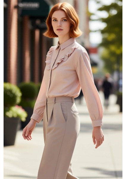 Kadın Fırfır Detaylı Uzun Balon Kollu Dokuma Gömlek Günlük ve Şık Kombinler Oluşturma Spor