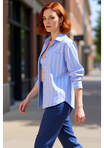Kadın Çizgili Oversize Dokuma Gömlek Fonksiyonel Dayanıklı Kaliteli Konforlu Estetik Rahat