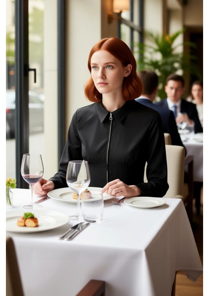 Kadın Uzun Kollu Gömlek Yaka Fermuarlı Düz Dokuma Bluz Şık ve Konforlu Tasarım Ofis Modern modelleri