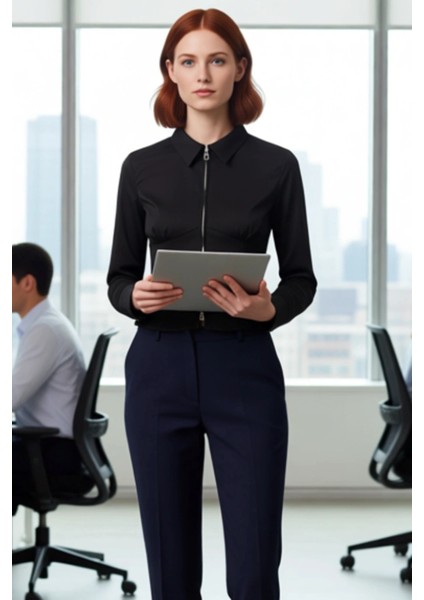 Kadın Uzun Kollu Gömlek Yaka Fermuarlı Düz Dokuma Bluz Şık ve Konforlu Tasarım Ofis Modern fırsatları