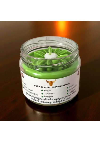 Boğa Burcu Kokulu Mum – Yeşil Soya Wax El Yapımı Vanilya & Yasemin Cam Kavanoz Mum