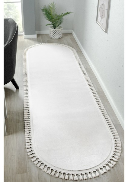 Cloudy Krem Oval Saçaklı Peluş Halı Yolluk Koridor Halısı Yıkanabilir Kaymaz Taban Halı
