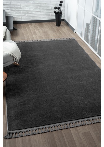 Cloudy Antrasit Örgü Saçaklı Peluş Yumuşacık Yıkanabilir Kaymaz Taban Halı Salon Oturma Odası