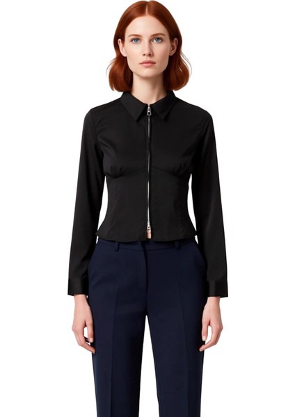 Kadın Uzun Kollu Gömlek Yaka Düz Desenli Fermuar Detaylı Fitted Kesim Bluz Iş Ortamı Rahat fırsatları