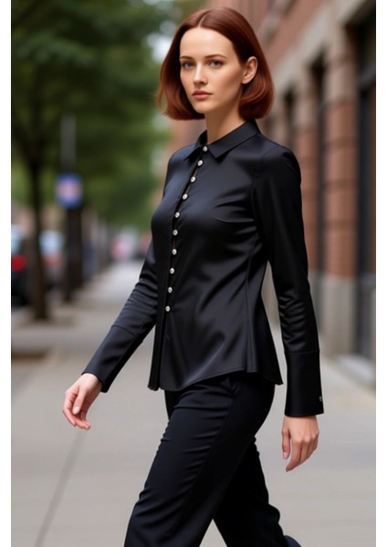 Kadın Düğmeli Detaylı Bel Formlu Saten Gömlek Fonksiyonel Dayanıklı Kaliteli Konforlu Spor