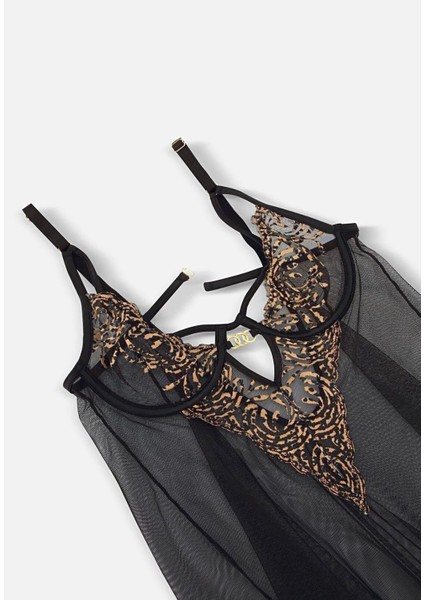 Leopar Desenli Gold Aksesuarlı Kapsız Gecelik