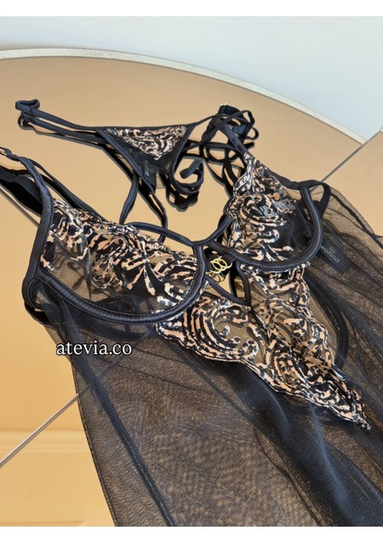 Leopar Desenli Gold Aksesuarlı Kapsız Gecelik indirimleri