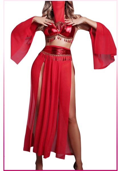 Kırmızı Şifon ve Saten Detaylı Kadın Dans Kostümü – Zincir Aksesuar Süslemeli Iki Parça Takım