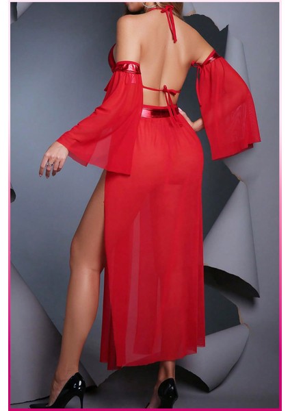 Kırmızı Şifon ve Saten Detaylı Kadın Dans Kostümü – Zincir Aksesuar Süslemeli Iki Parça Takım fiyatları