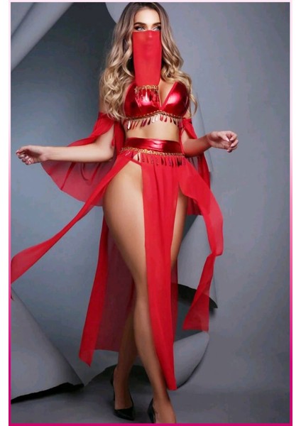 Kırmızı Şifon ve Saten Detaylı Kadın Dans Kostümü – Zincir Aksesuar Süslemeli Iki Parça Takım fırsatları
