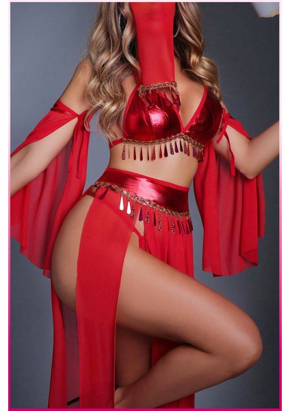 Kırmızı Şifon ve Saten Detaylı Kadın Dans Kostümü – Zincir Aksesuar Süslemeli Iki Parça Takım indirimleri