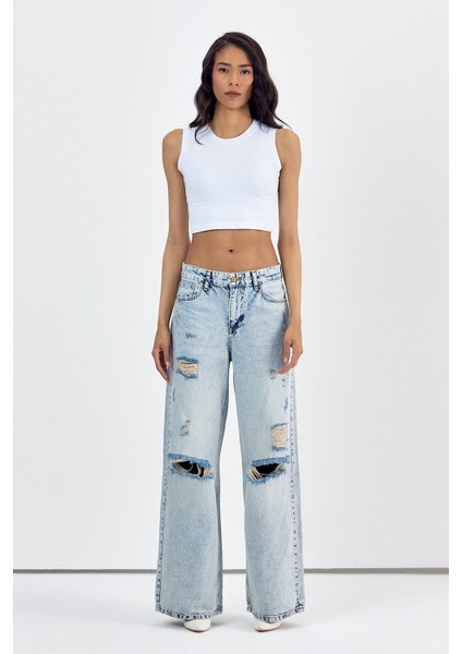 Geniş Paça Kadın Palazzo Jean Pantolon - Mavi Mavi - 29