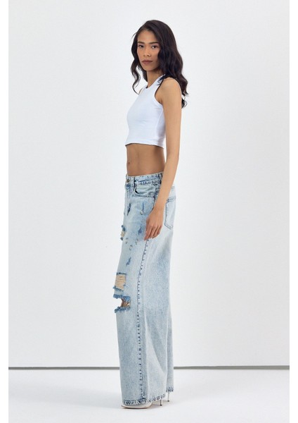 Geniş Paça Kadın Palazzo Jean Pantolon - Mavi Mavi - 29