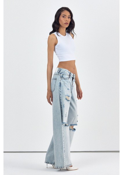 Geniş Paça Kadın Palazzo Jean Pantolon - Mavi Mavi - 29