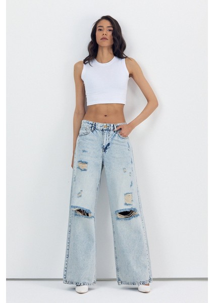 Geniş Paça Kadın Palazzo Jean Pantolon - Mavi Mavi - 29