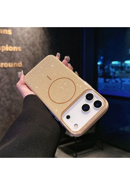 Apple iPhone 17 Pro Max Uyumlu Magsafe Şarj Özellikli Parlayan Simli Işıltılı Lüks Kapak Kılıf
