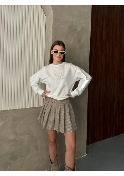 Kuş Logo Taş Detaylı Oversize Beyaz Sweatshirt