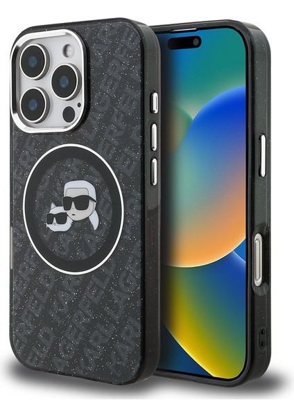 iPhone 16 Pro Max Kılıf Karl Lagerfeld Orjinal Lisanslı Parlayan Simli Karl & Choupette Heads Kapak