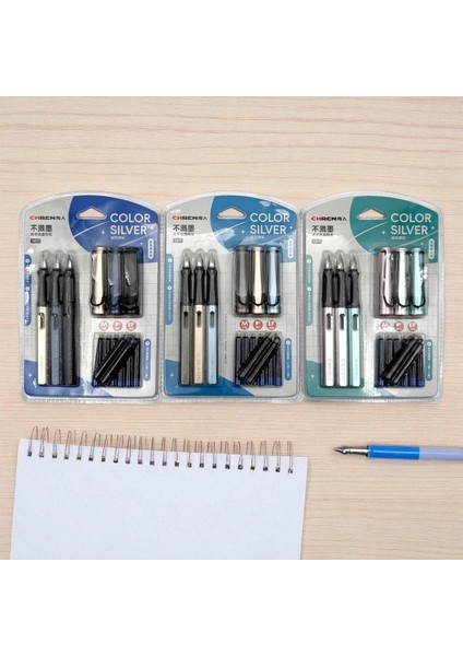 Chren Premium Dolma Kalem Seti, 3'lü Gümüş Renkli Mürekkepli Kalem, Ef-F-M Uçlu, Kartuşlu Kalem Takımı fiyatları