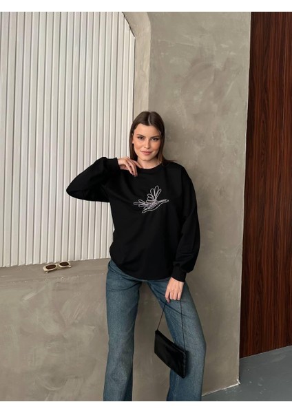 Kuş Logo Taş Detaylı Oversize Siyah Sweatshirt