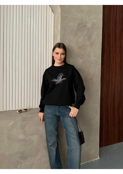 Kuş Logo Taş Detaylı Oversize Siyah Sweatshirt fiyatları