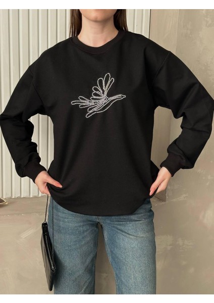 Kuş Logo Taş Detaylı Oversize Siyah Sweatshirt indirimleri