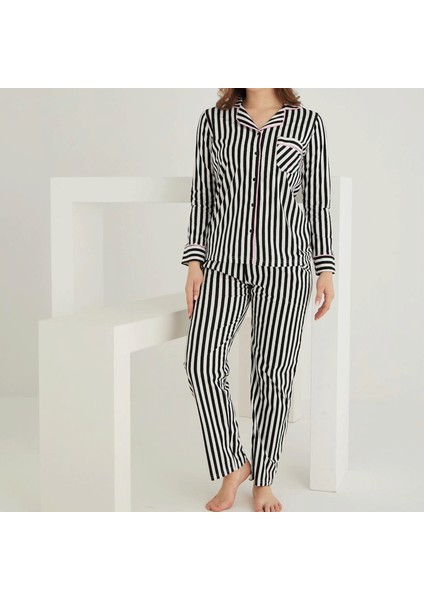 Pamuklu Önden Düğmeli Çizgili Gömlek Model Bayan Pijama Takımı 021210