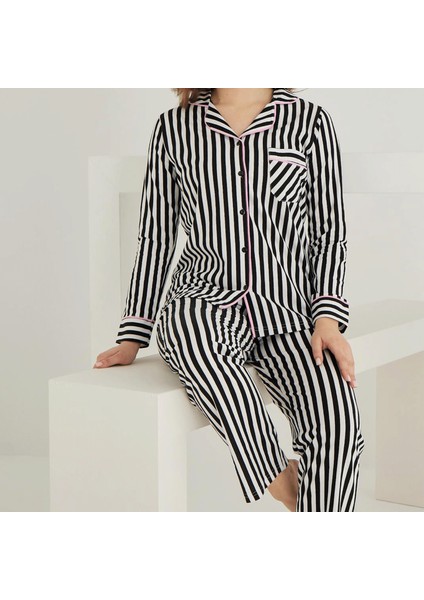 Pamuklu Önden Düğmeli Çizgili Gömlek Model Bayan Pijama Takımı 021210 fiyatları