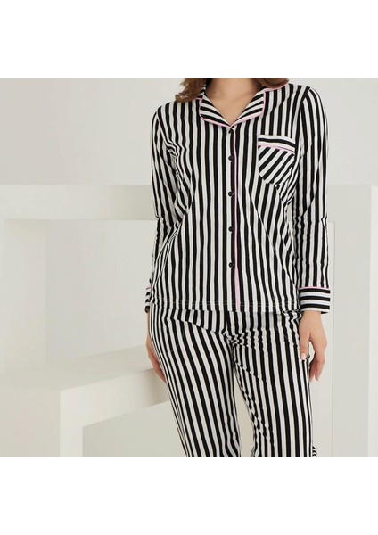 Pamuklu Önden Düğmeli Çizgili Gömlek Model Bayan Pijama Takımı 021210 modelleri