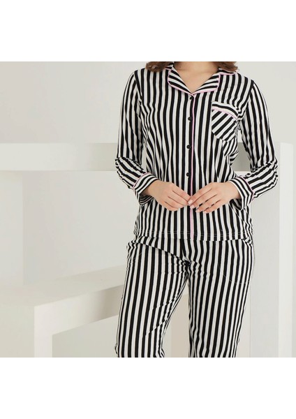 Pamuklu Önden Düğmeli Çizgili Gömlek Model Bayan Pijama Takımı 021210 fırsatları