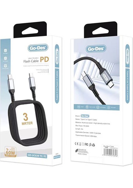 GD-UC639 Type-C To Type-C Pd Hızlı Şarj Kablosu 60W 3m Siyah modelleri
