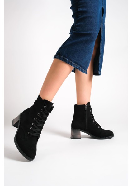 Lux Bağcıklı Fermuarlı Ortopedik Taban Suya ve Soğuğa Dayanıklı Topuklu Süet Kadın Bot St Siyah fırsatları